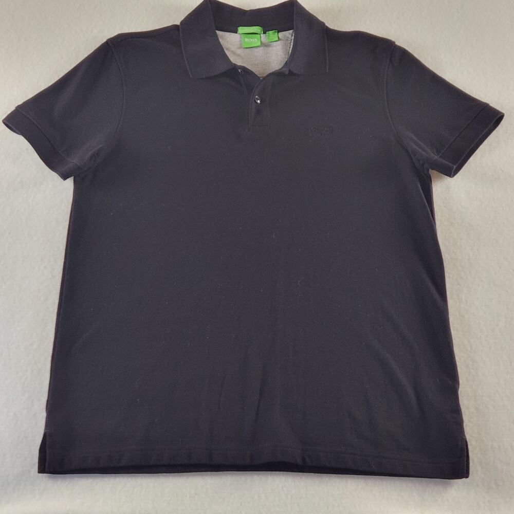 BOSS Black Polo Shirt Men's Size L Short Sleeve Logo Button Knit Collared